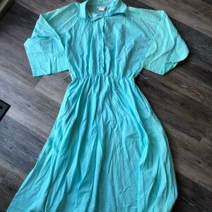 50s Vintage Collared Green/Blue Long Sleeve Dress Size 16 (Size 8)